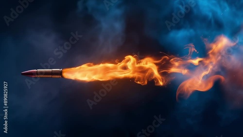 Single bullet flies against a dark blue background, leaving behind a pillar of fire and smoke. The concept of hostilities.