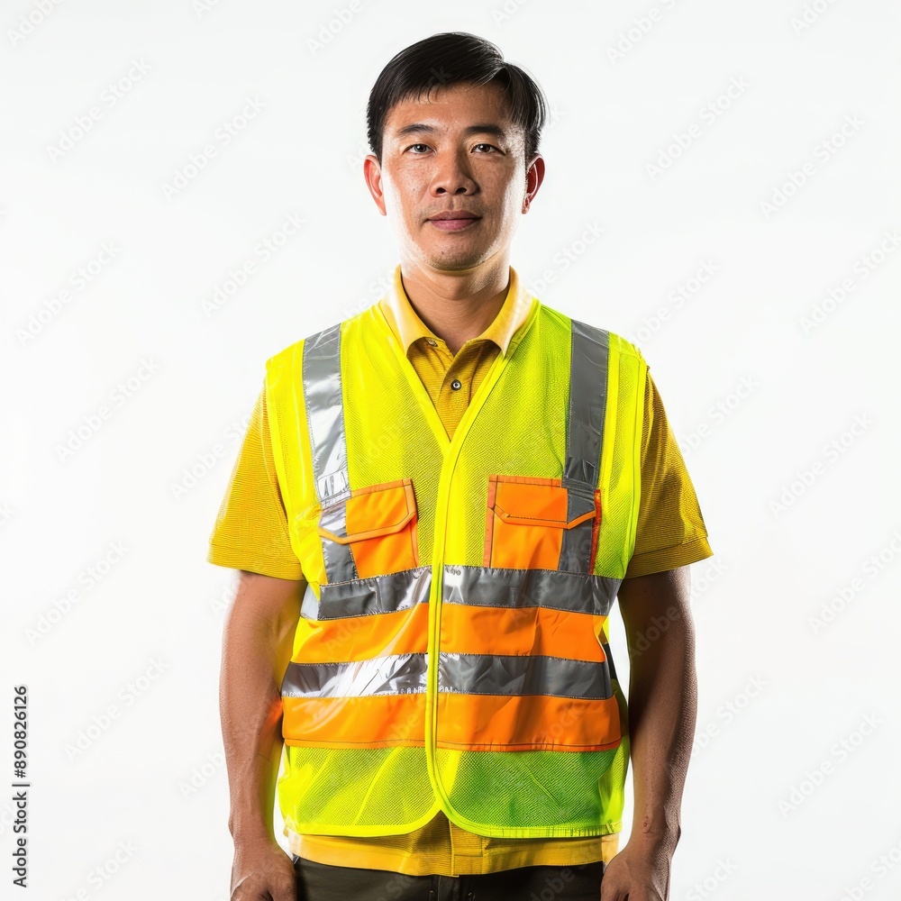 Yellow Safety Vest. Asian Architect Wearing Yellow Safety Jacket on White Background Yellow Safety Vest. Asian Architect Wearing Yellow Safety Jacket on White Background
