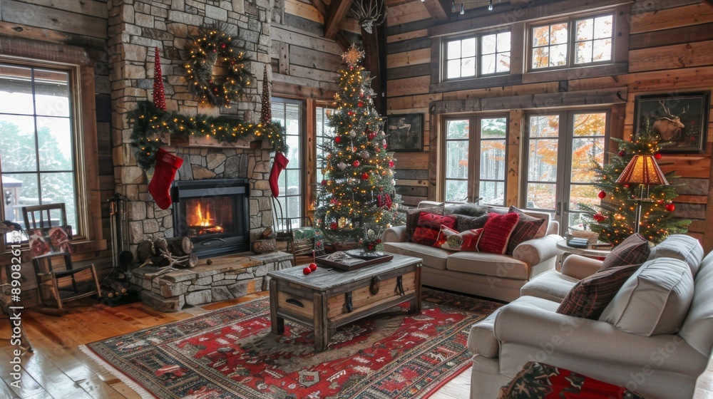 Fototapeta premium Cozy Winter Cabin Decorated for Christmas