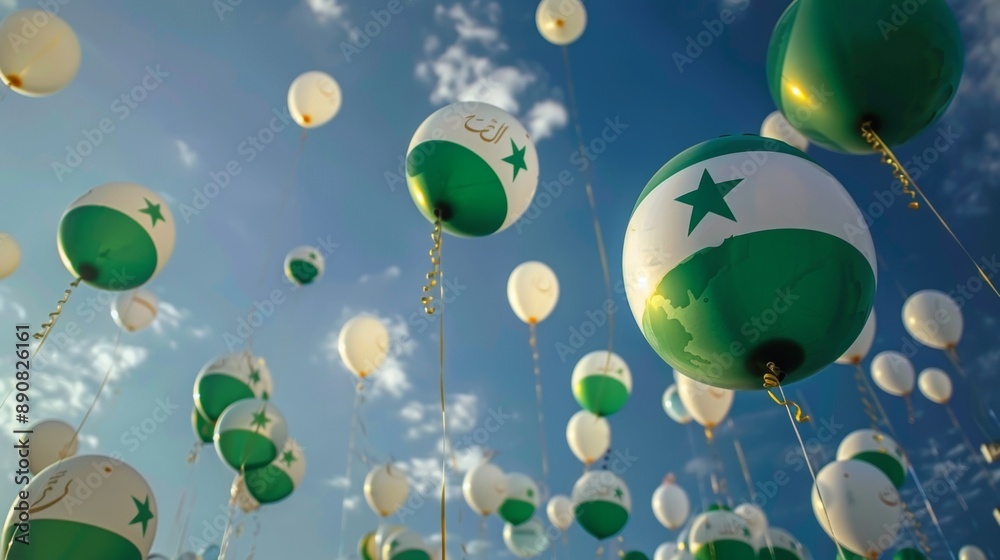 Fototapeta premium Green and white balloons in the sky, representing celebration, event, and festivity