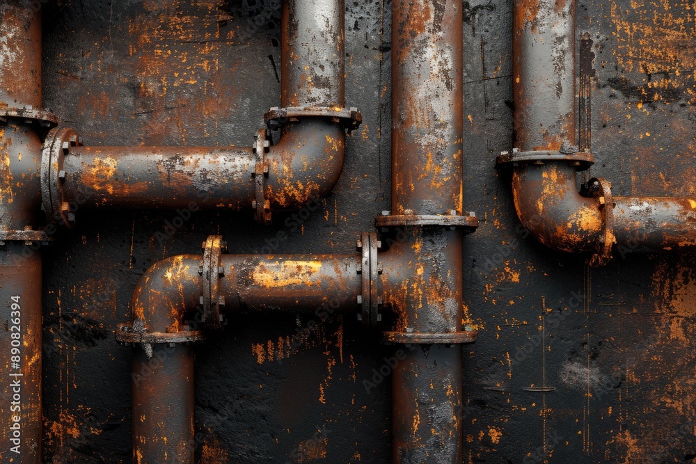 Outdated Technology. Gloomy Background with Rusty Metal Pipes for Horror Themes Outdated Technology. Gloomy Background with Rusty Metal Pipes for Horror Themes