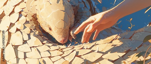 A cartoon pangolin curled defensively in a ball, its scales highlighted, with a human hand reaching out to touch it , 3D style photo