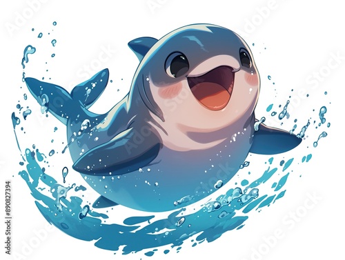 A cartoon vaquita porpoise playfully leaping from the water, with information about its critically endangered status , cartoon style photo