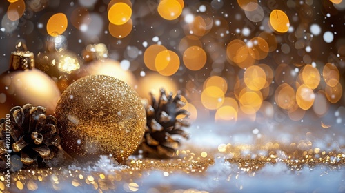 Golden Christmas Ornaments and Pine Cones With Bokeh Lights