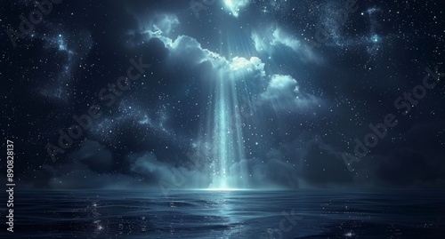 Nighttime View of a Starry Sky Above a Calm Sea With a Beam of Light