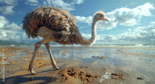 Ostrich Walking on Sandy Beach With Blue Sky and Clouds