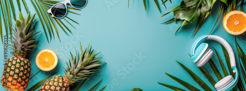 Tropical Summer Flat Lay With Pineapples, Palm Leaves, Headphones, and Sungla...