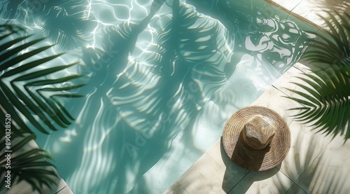 Overhead View of Tiled Swimming Pool With Palm Tree Shadows and Sun Hat