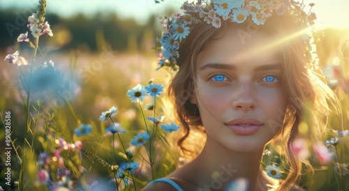 Young Woman With Flower Crown in a Field of Daisies on a Sunny Day