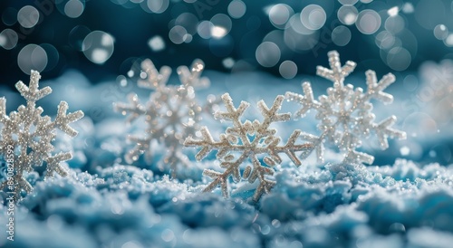 Silver Glitter Snowflakes On Blue Background