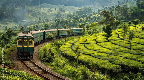 Train travels through the tea plantation at Hatton, Sri Lanka 