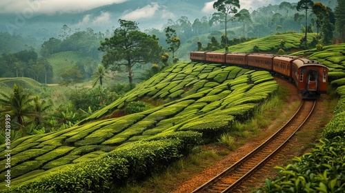 Train travels through the tea plantation at Hatton, Sri Lanka  photo