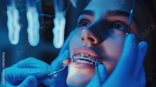 Closeup of a dentist examining a patients teeth with braces photo