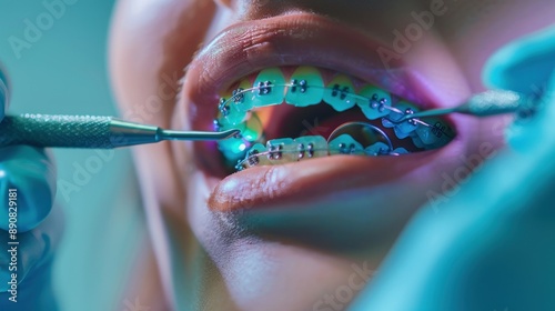 Closeup of a dentist examining a patients teeth with braces and a mouth mirror