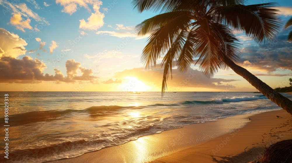 Fototapeta premium Barbados Caribbean Sunset. Palm Trees and Coconut on Sandy Beach Background