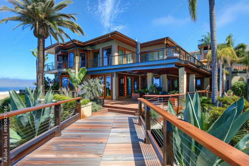 Fototapeta premium Beach Front Home. Stunning Luxury Architecture Design with Wooden Ent on Coastal City Bridge