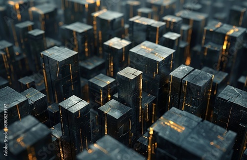 Abstract Cityscape With Illuminated Cubes and Glowing Lines