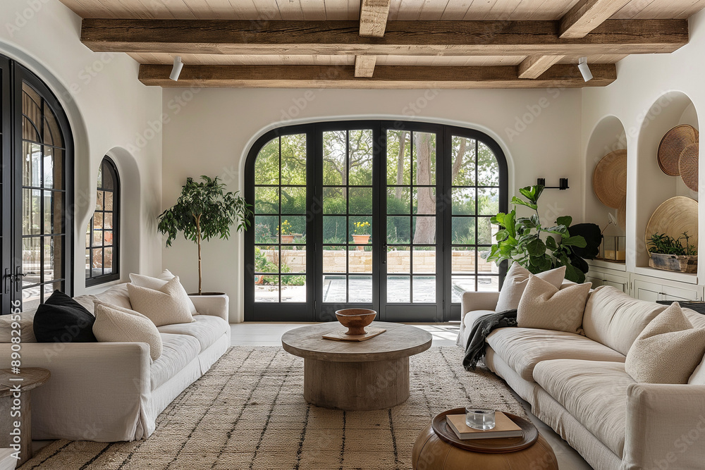 Fototapeta premium Cozy modern living room with arched steel doorways, windows and French doors