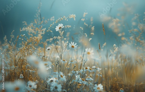 Daisies Blooming in a Field at Sunset