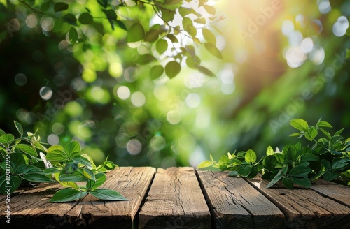 Wooden Tabletop In A Lush Green Forest With Sunlight Filtering Through Leaves