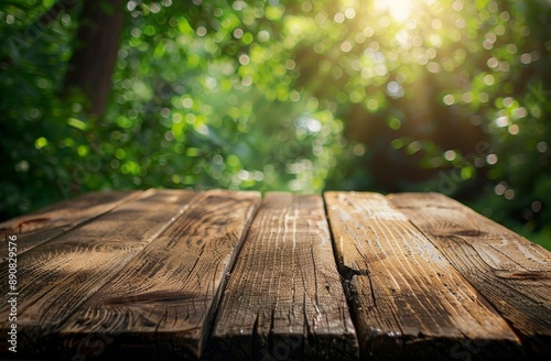 Wooden Tabletop In Front Of Blurred Green Forest With Sunlight