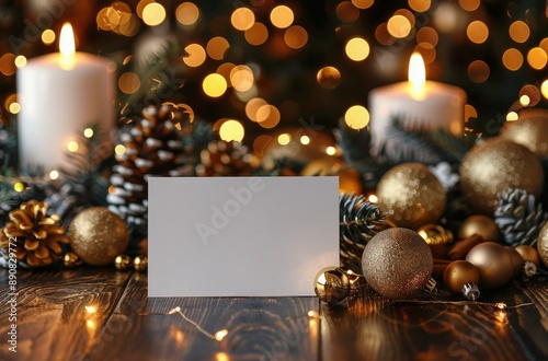 Festive Christmas Decorations With Burning Candle and Blank Card on Rustic Wo...