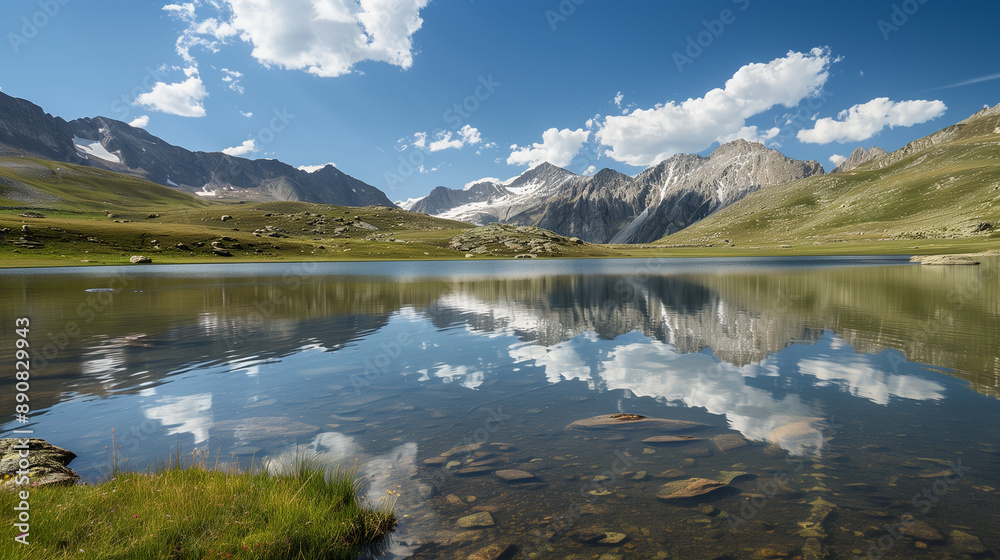 Mountain lake with mirror-like surface