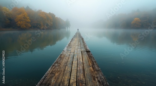 A Solitary Figure Walks a Wooden Dock on a Foggy Morning
