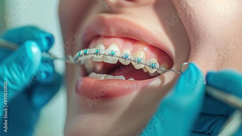 Closeup of a dentist examining a patients teeth with braces