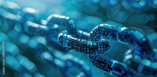 Blue glowing digital chain links representing blockchain technology photo