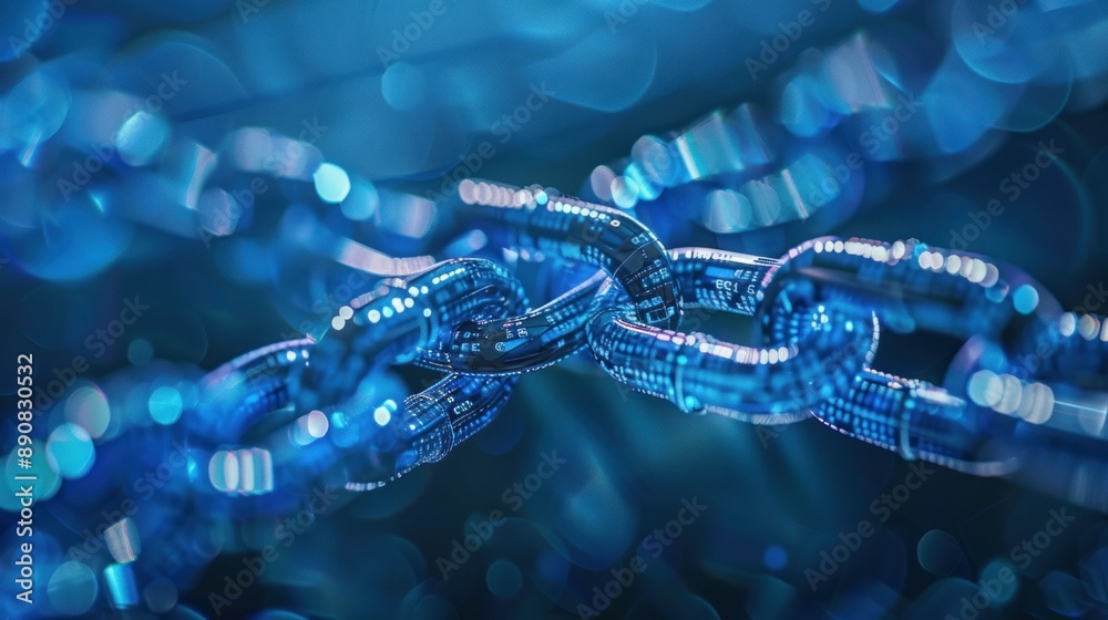 Blue glowing digital chain links representing blockchain technology Blue glowing digital chain links representing blockchain technology