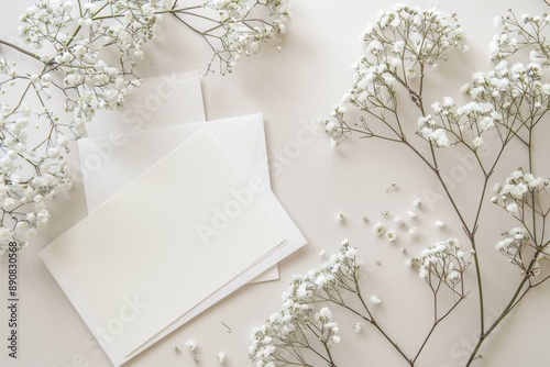 Invite Mockup. Top View Wedding Invitation Set with White Gypsophila Flowers on Beige Background