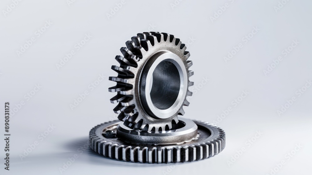 Industrial metal gears stacked together on a neutral background Industrial metal gears stacked together on a neutral background