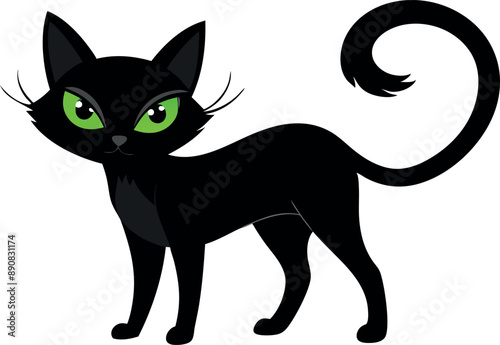 Cartoon style black cat with vivid green eyes and a curled tail. Ideal for Halloween, pet-themed designs, or children's illustrations.