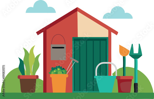 Colorful illustration of a garden shed surrounded by gardening tools and plants, ideal for gardening and outdoor projects.