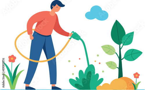 Illustration of a person watering plants in a garden with a hose on a sunny day, promoting gardening and outdoor activities.