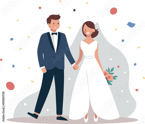 Illustration of a happy bride and groom holding hands on their wedding day with colorful confetti in the background.