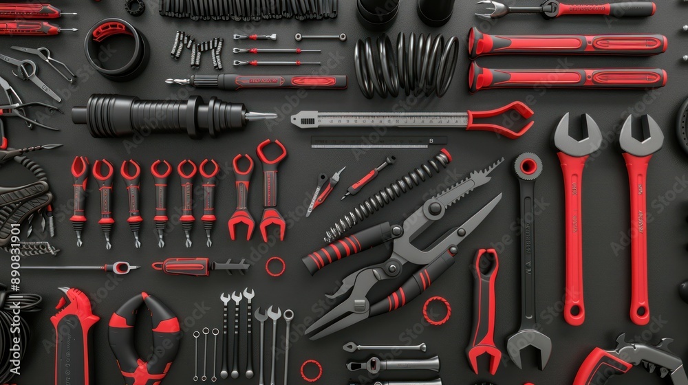 Black and red hand tools neatly arranged on black background Black and red hand tools neatly arranged on black background