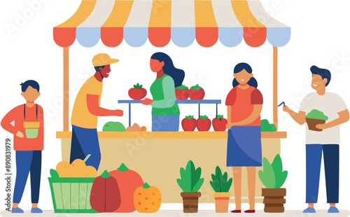 Illustration of people buying fresh produce at a local farmers market, creating a lively and vibrant atmosphere.