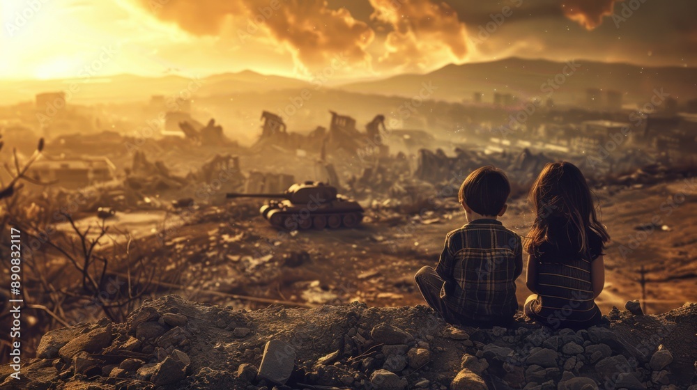Children in a wartorn city watch the destruction Children in a wartorn city watch the destruction