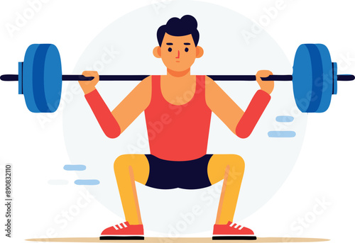Animated illustration of a man in a red tank top and blue shorts lifting a barbell in a squat position