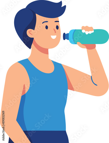 Illustration of a young man drinking water from a bottle, maintaining hydration after exercising. He is wearing a blue tank top.