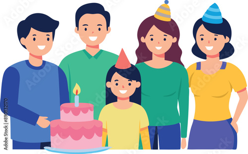 Happy family celebrating a child's birthday with cake and party hats. Group portrait displaying joy and togetherness.