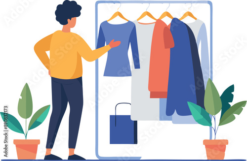 Person selecting clothes from a wardrobe with plants on either side, emphasizing decision making and fashion trends.