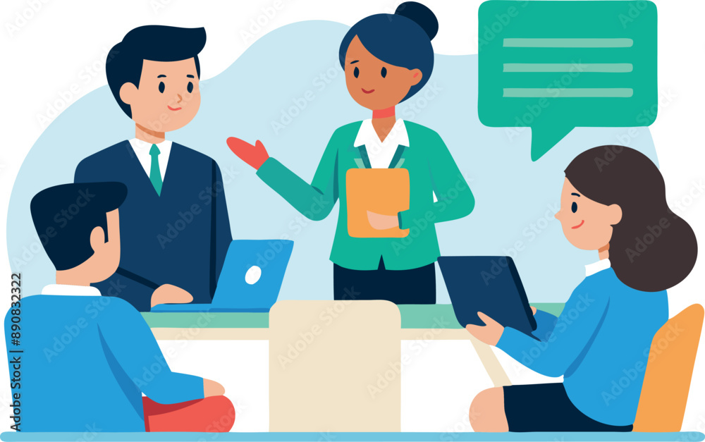Illustration of a team meeting with diverse colleagues discussing projects in the office. The group includes men and women actively engaged in a collaborative discussion.