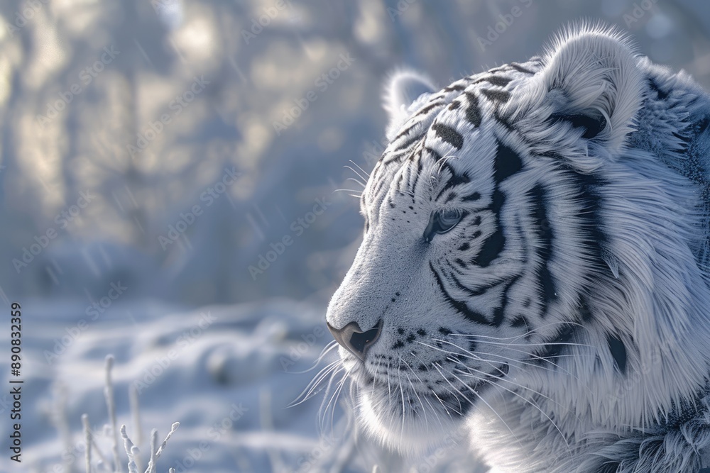 Naklejka premium Snow Tiger. Close-up Portrait of a Majestic White Bengal Tiger in a Winter Forest