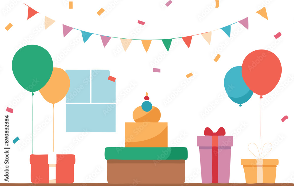 Colorful birthday celebration scene with cake, balloons, presents, and festive decorations creating a cheerful atmosphere. Colorful birthday celebration scene with cake, balloons, presents, and festive decorations creating a cheerful atmosphere.