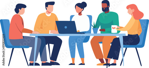 Illustration of a diverse business team discussing ideas during a meeting at an office table. Colleagues collaborating and working together.