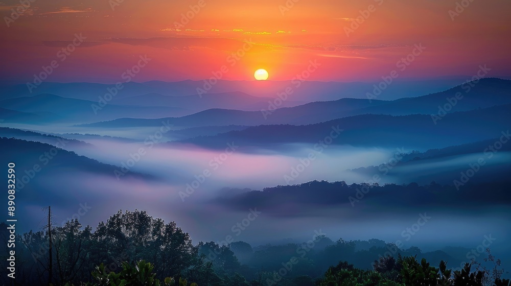 Obraz premium America Burns. Early Morning Fog Dispersing in Blue Ridge Mountains