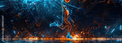 Basketball player slam dunking in a digital world of blue and orange lights photo